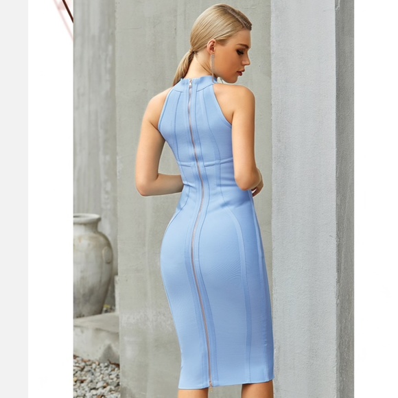 NEW! DESIGNER COUTURE LIGHT BLUE HALTER BANDAGE DRESS HIGH NECK TAILORED DRESS - Picture 7 of 11